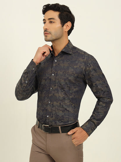 Olive & Grey Printed Slim Fit Formal Shirt | JadeBlue Super Luxe