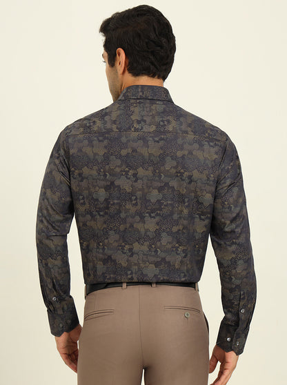 Olive & Grey Printed Slim Fit Formal Shirt | JadeBlue Super Luxe