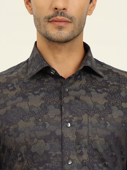Olive & Grey Printed Slim Fit Formal Shirt | JadeBlue Super Luxe