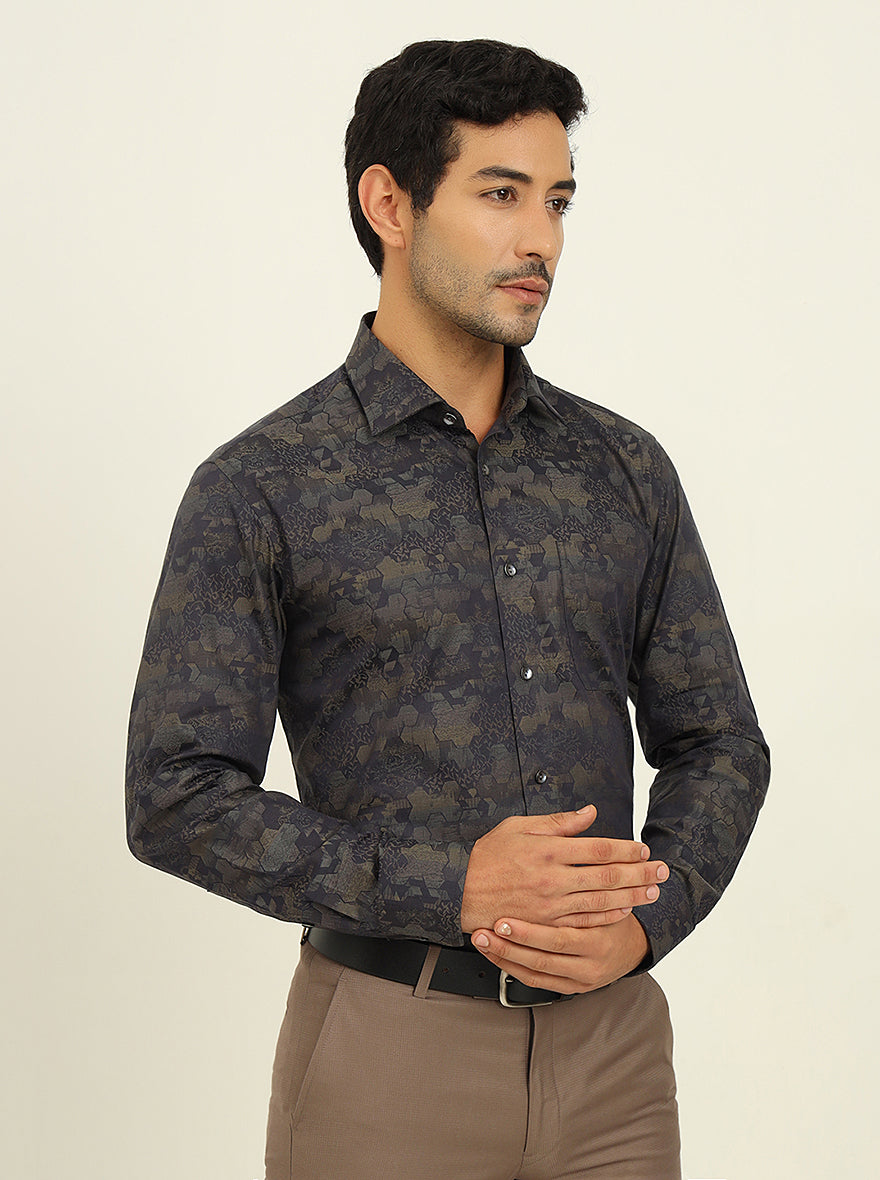 Olive & Grey Printed Slim Fit Formal Shirt | JadeBlue Super Luxe