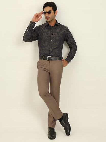 Olive & Grey Printed Slim Fit Formal Shirt | JadeBlue Super Luxe