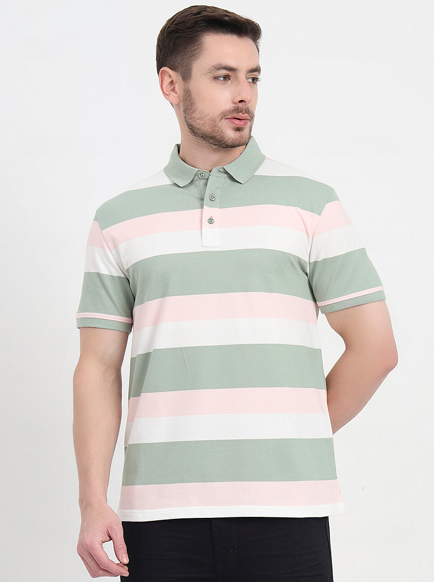 Cloud Pink & Sage Green Striped Slim Fit Polo T-Shirt | JadeBlue