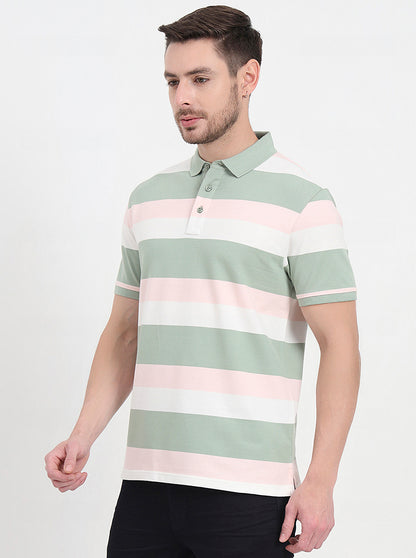 Cloud Pink & Sage Green Striped Slim Fit Polo T-Shirt | JadeBlue