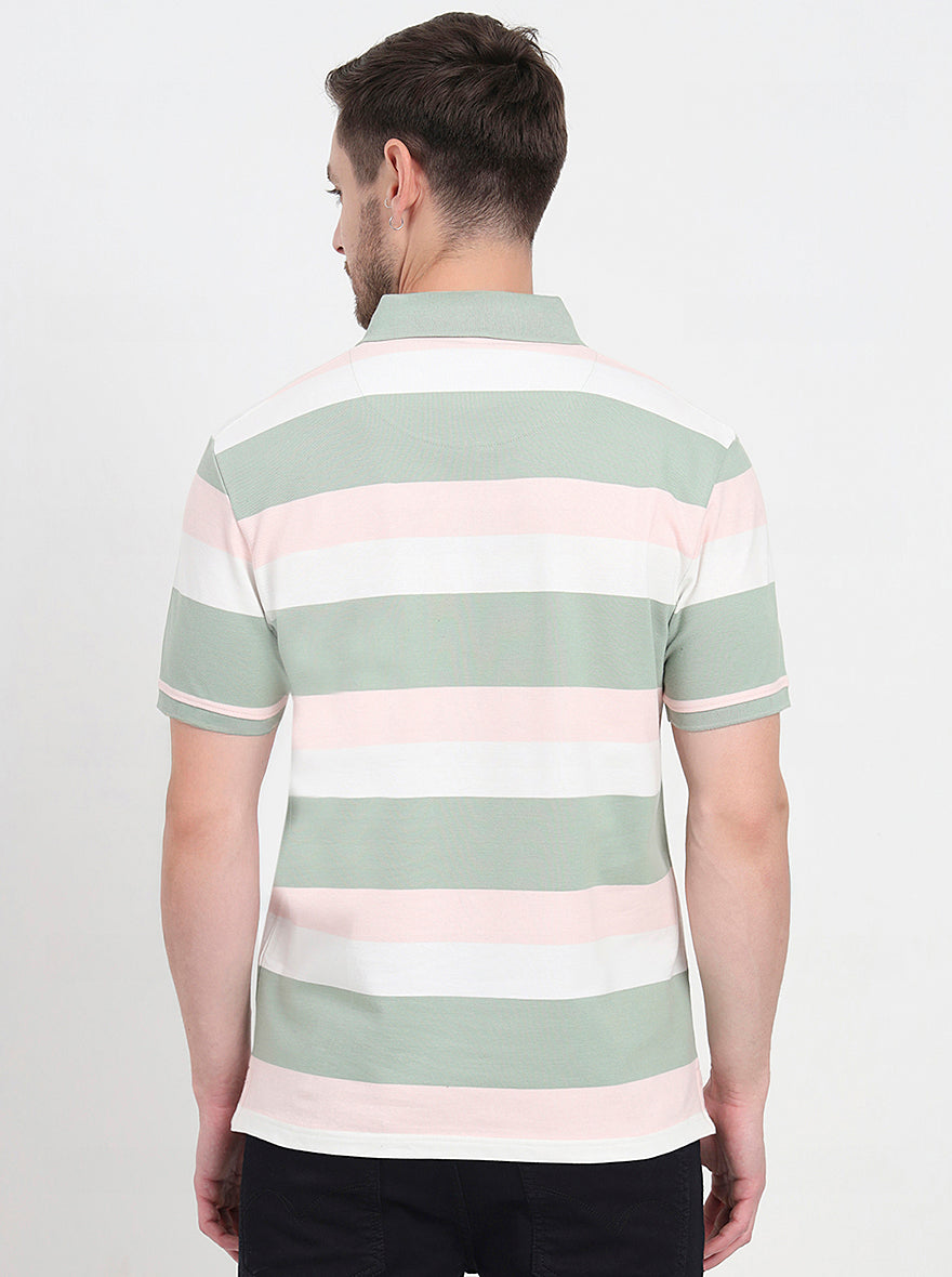 Cloud Pink & Sage Green Striped Slim Fit Polo T-Shirt | JadeBlue