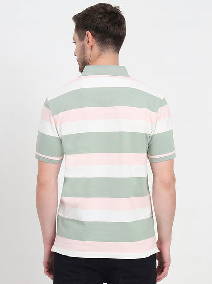 Cloud Pink & Sage Green Striped Slim Fit Polo T-Shirt | JadeBlue