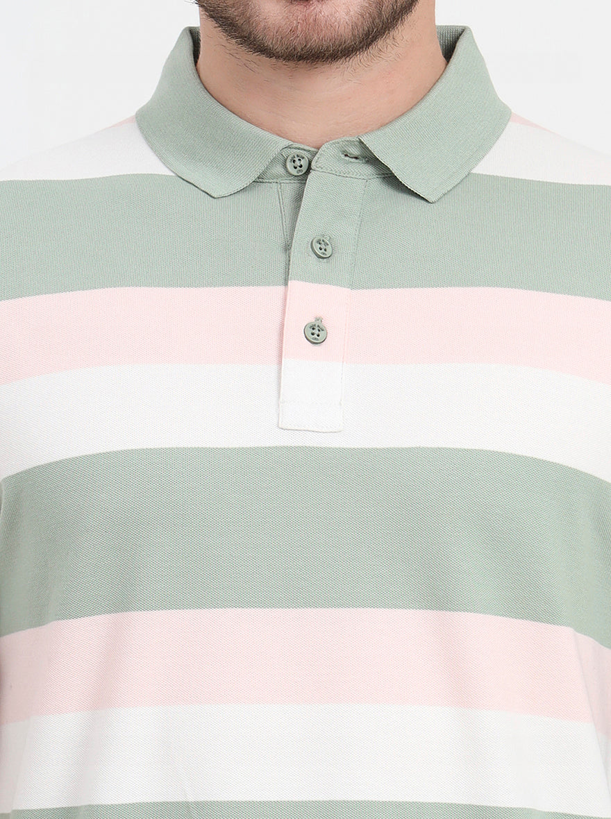 Cloud Pink & Sage Green Striped Slim Fit Polo T-Shirt | JadeBlue