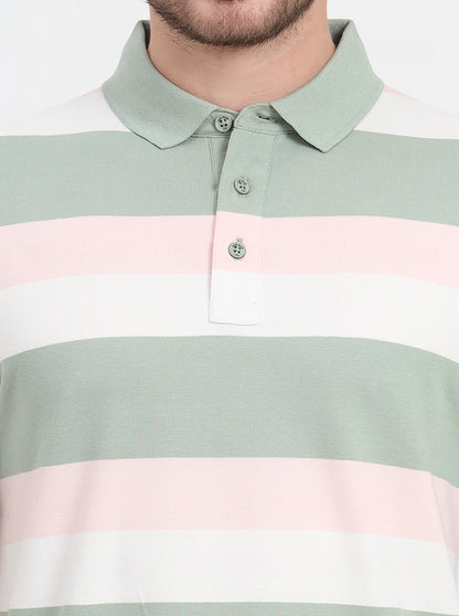 Cloud Pink & Sage Green Striped Slim Fit Polo T-Shirt | JadeBlue