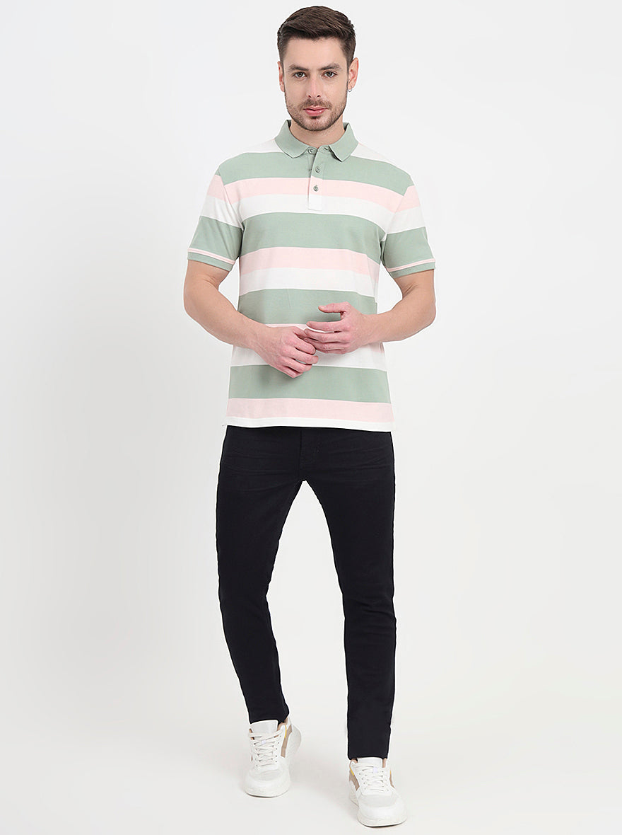Cloud Pink & Sage Green Striped Slim Fit Polo T-Shirt | JadeBlue