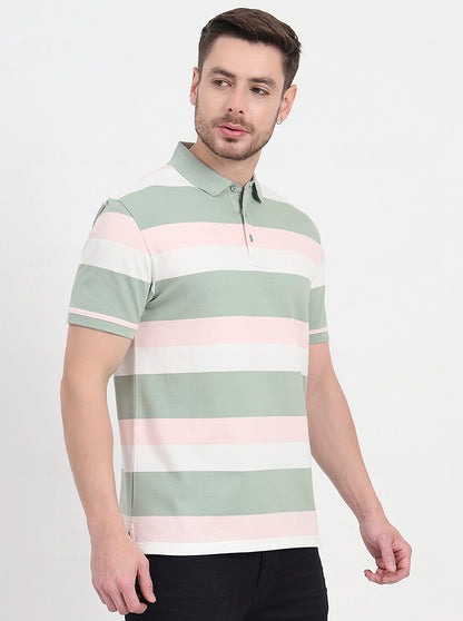 Cloud Pink & Sage Green Striped Slim Fit Polo T-Shirt | JadeBlue