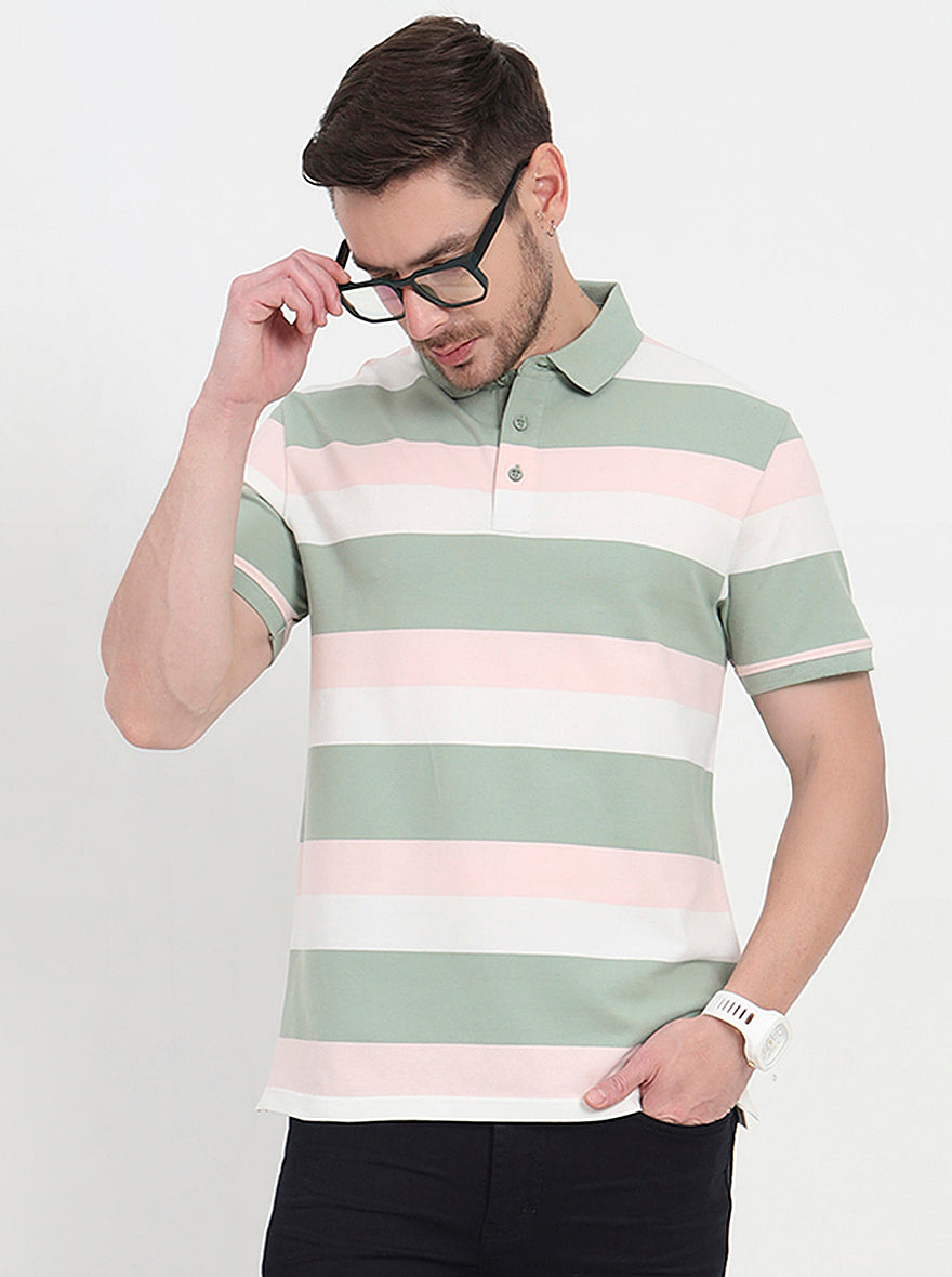 Cloud Pink & Sage Green Striped Slim Fit Polo T-Shirt | JadeBlue