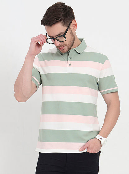Cloud Pink & Sage Green Striped Slim Fit Polo T-Shirt | JadeBlue