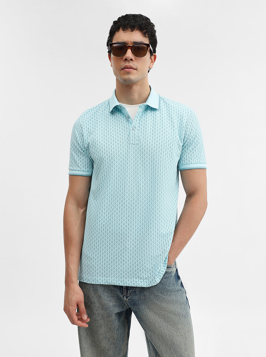 Sky Blue Printed Slim Fit Polo T-Shirt | JadeBlue