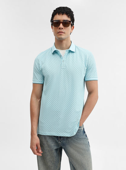 Sky Blue Printed Slim Fit Polo T-Shirt | JadeBlue