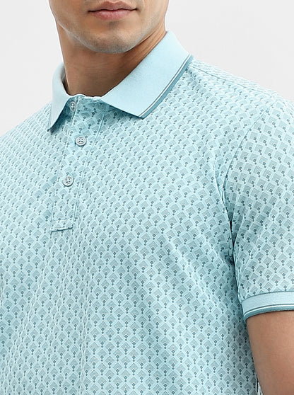 Sky Blue Printed Slim Fit Polo T-Shirt | JadeBlue