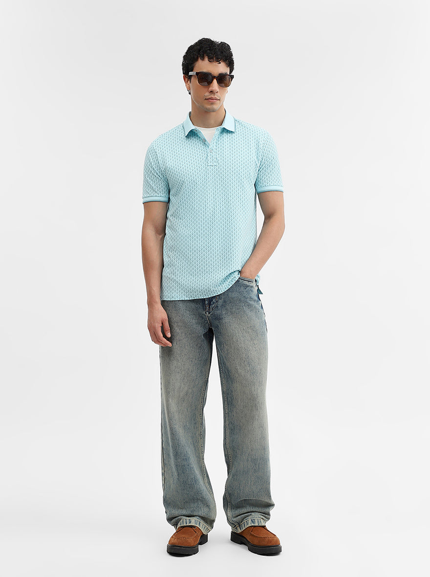 Sky Blue Printed Slim Fit Polo T-Shirt | JadeBlue