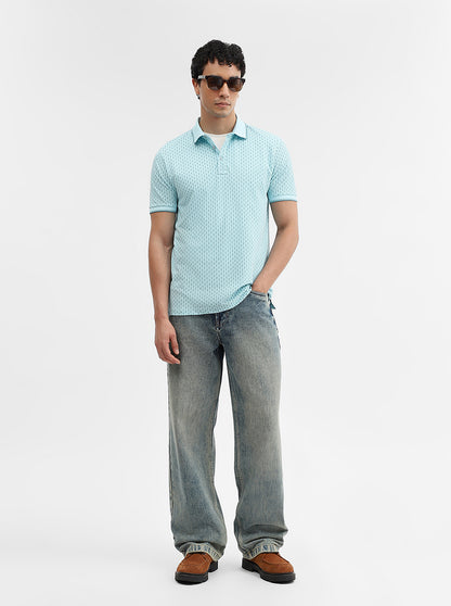Sky Blue Printed Slim Fit Polo T-Shirt | JadeBlue