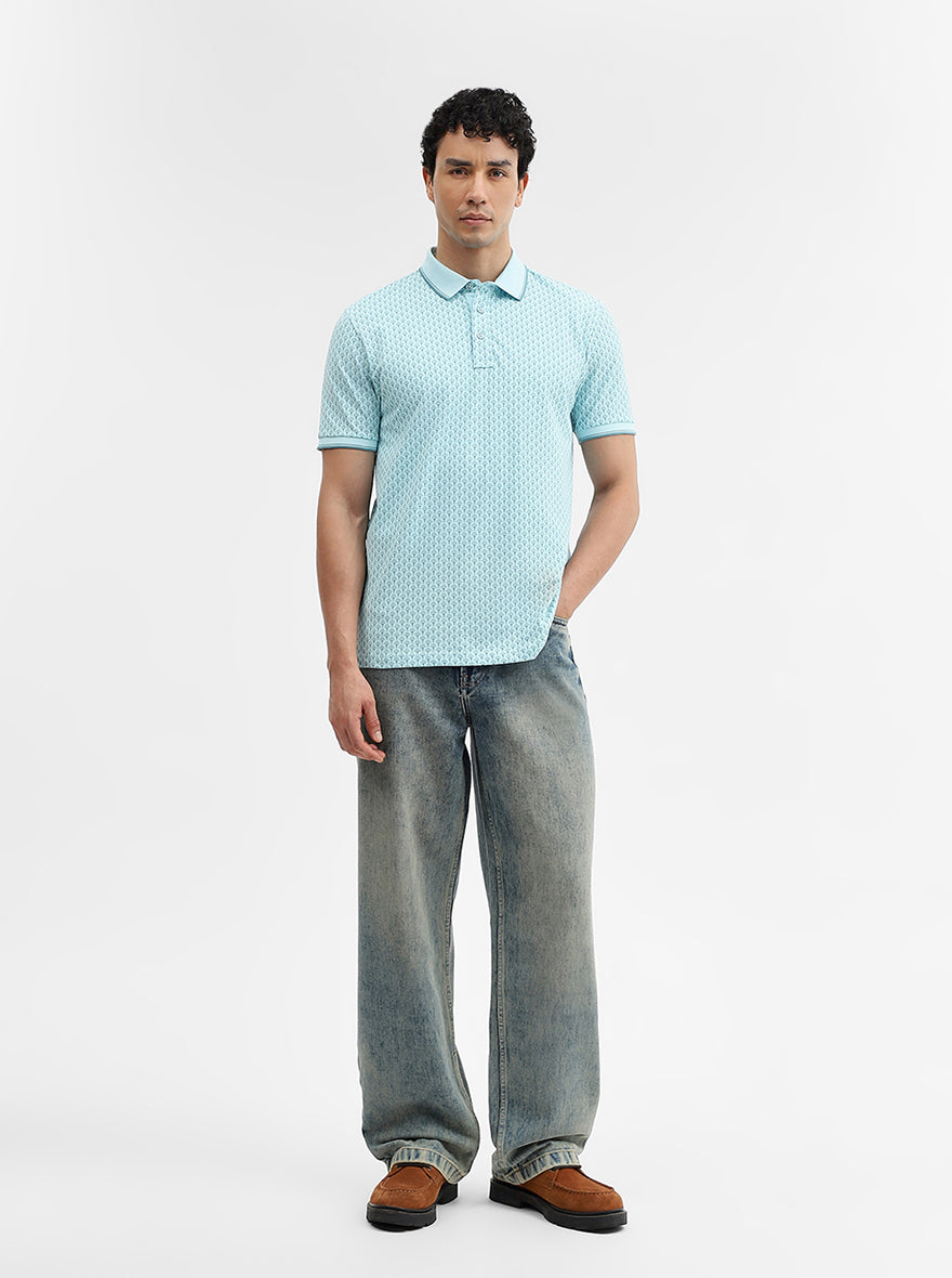 Sky Blue Printed Slim Fit Polo T-Shirt | JadeBlue