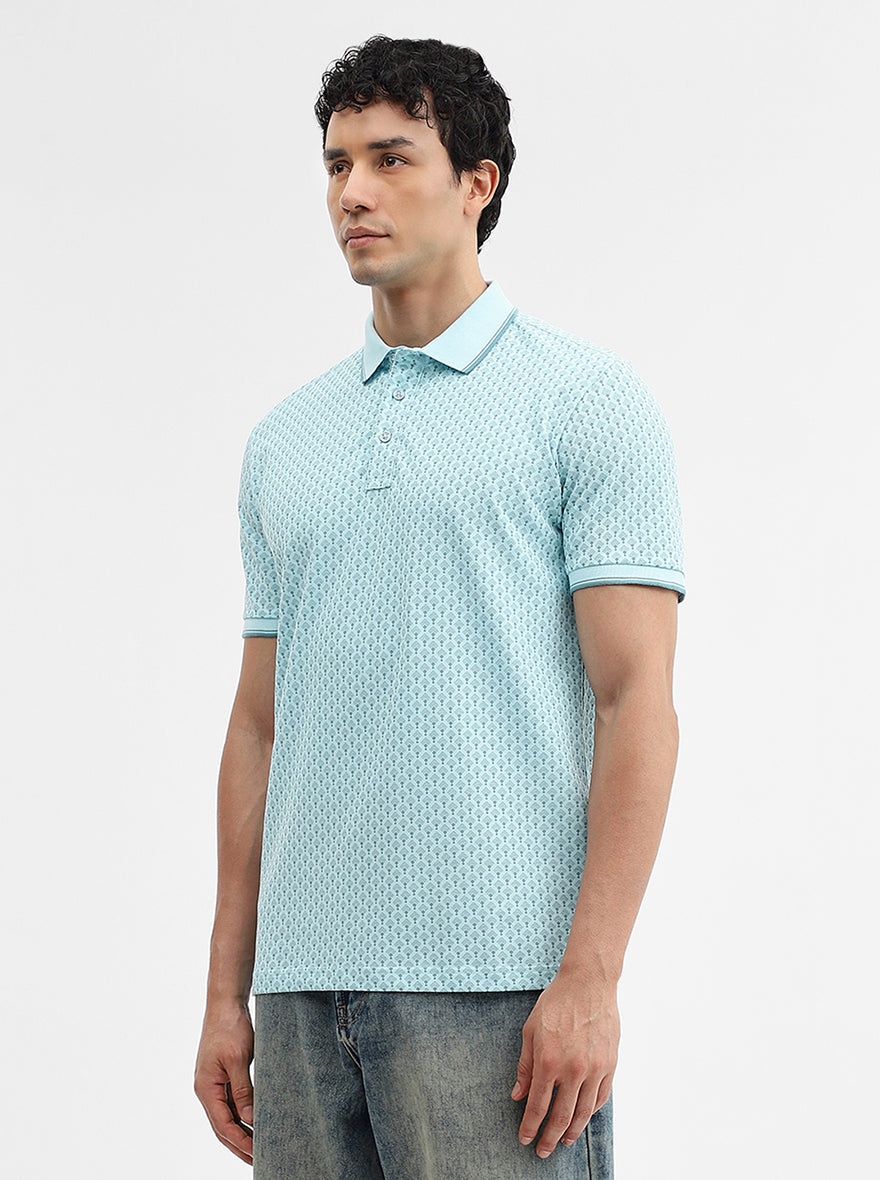 Sky Blue Printed Slim Fit Polo T-Shirt | JadeBlue