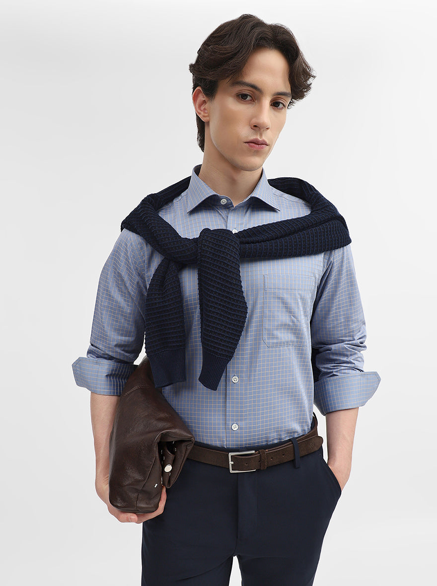 Blue & Fawn Checked Slim Fit Formal Shirt | JadeBlue Super Luxe
