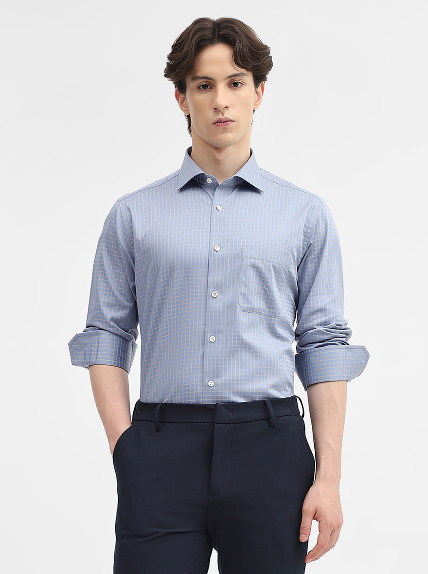 Blue & Fawn Checked Slim Fit Formal Shirt | JadeBlue Super Luxe