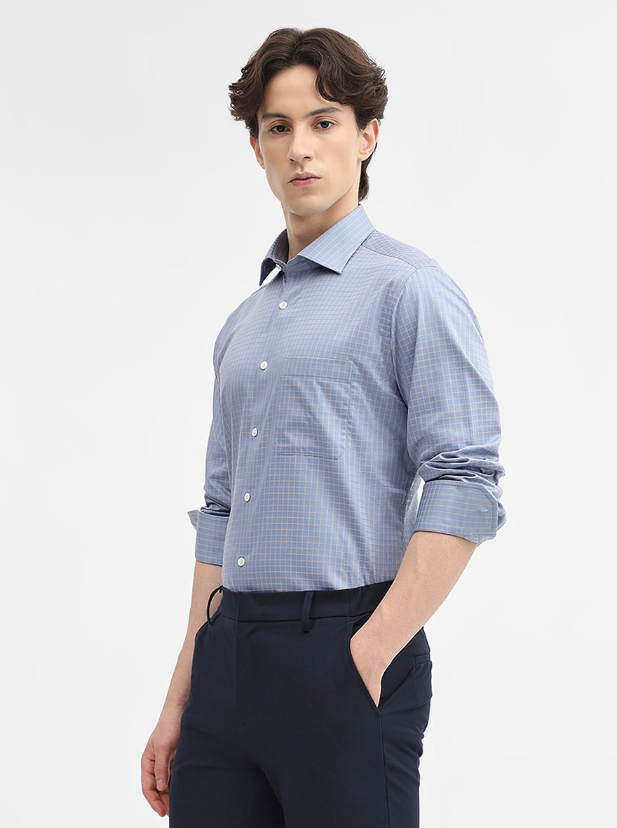 Blue & Fawn Checked Slim Fit Formal Shirt | JadeBlue Super Luxe