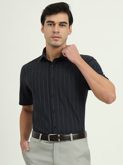 Dark Blue & Green Checked Regular Fit Formal Shirt | Greenfibre