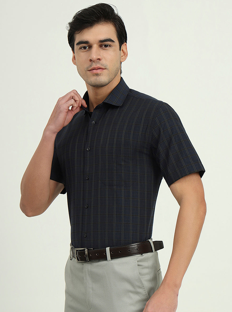 Dark Blue & Green Checked Regular Fit Formal Shirt | Greenfibre