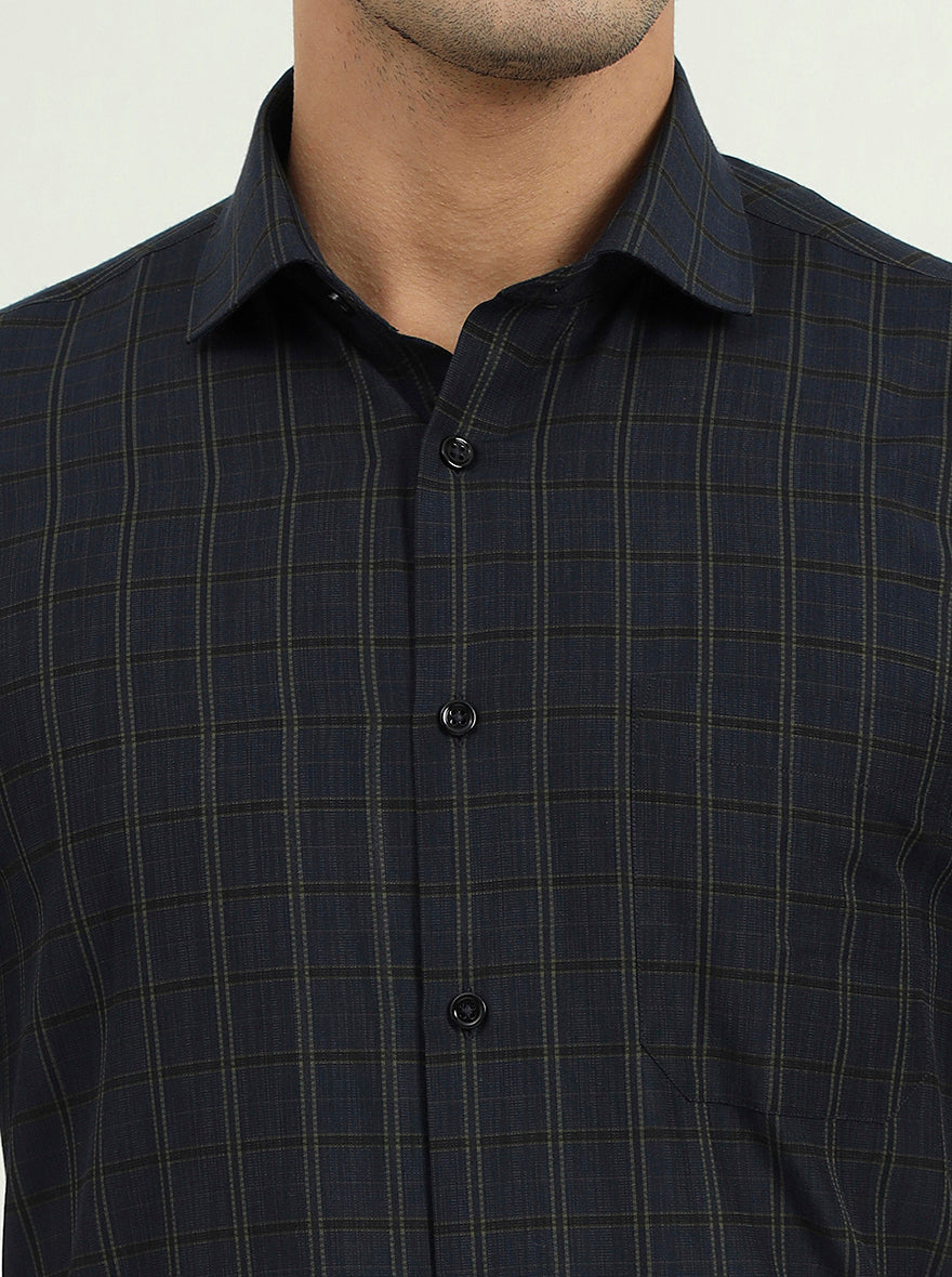 Dark Blue & Green Checked Regular Fit Formal Shirt | Greenfire