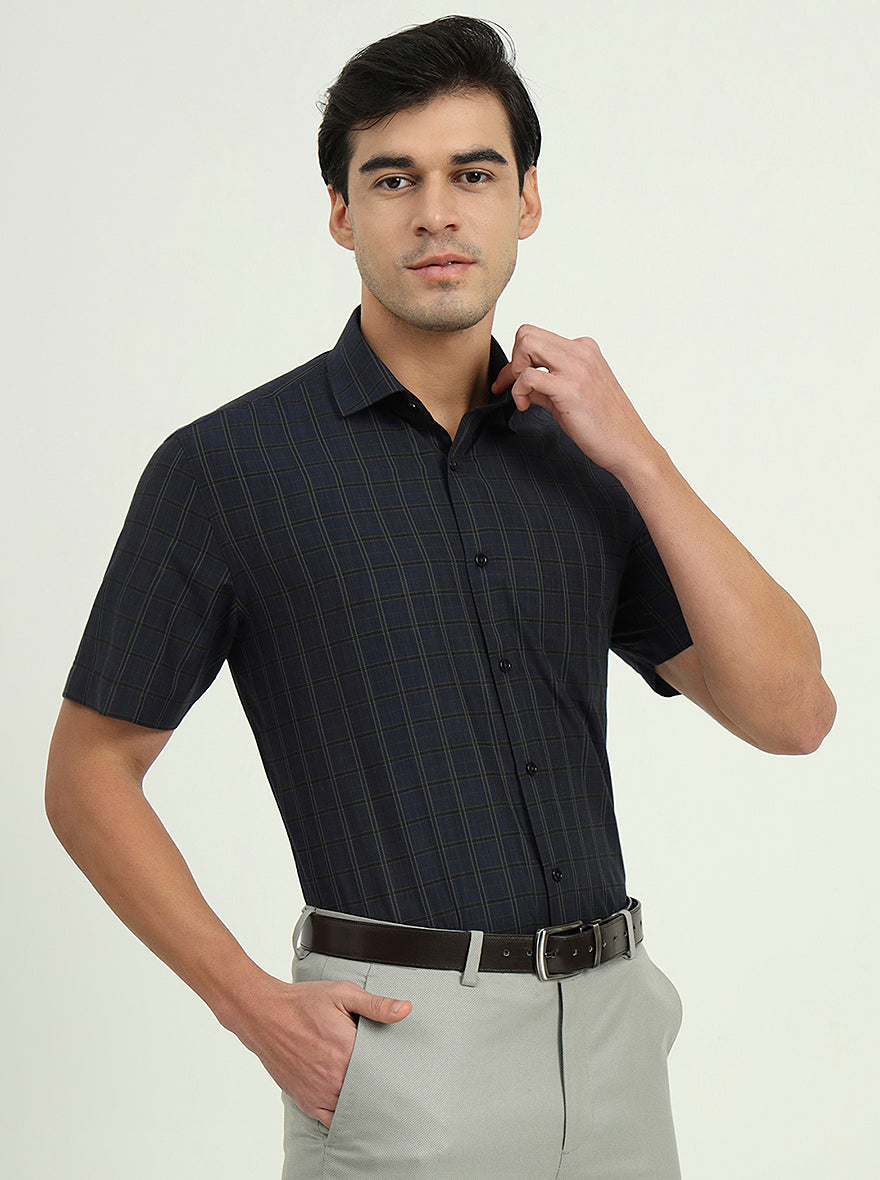 Dark Blue & Green Checked Regular Fit Formal Shirt | Greenfibre