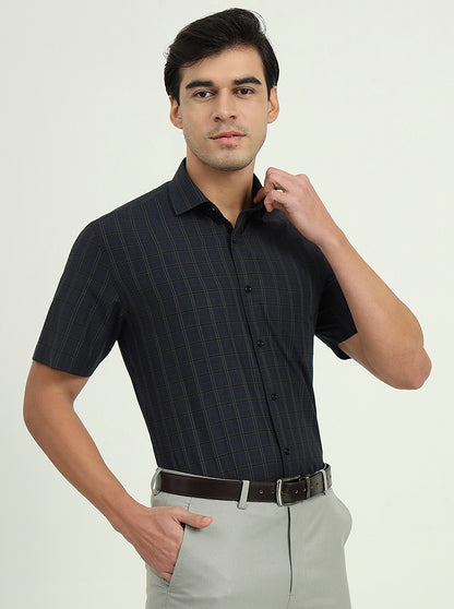 Dark Blue & Green Checked Regular Fit Formal Shirt | Greenfibre
