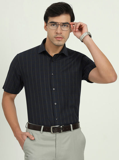 Dark Blue & Green Checked Regular Fit Formal Shirt | Greenfibre