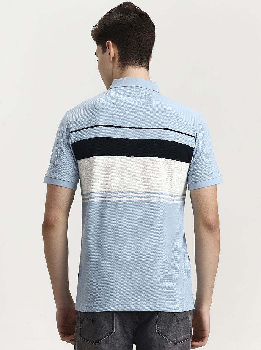 Sky Blue Striped Slim Fit Polo T-Shirt | Greenfibre