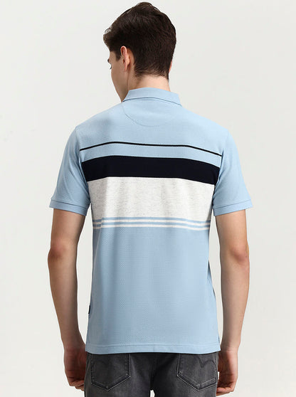 Sky Blue Striped Slim Fit Polo T-Shirt | Greenfibre