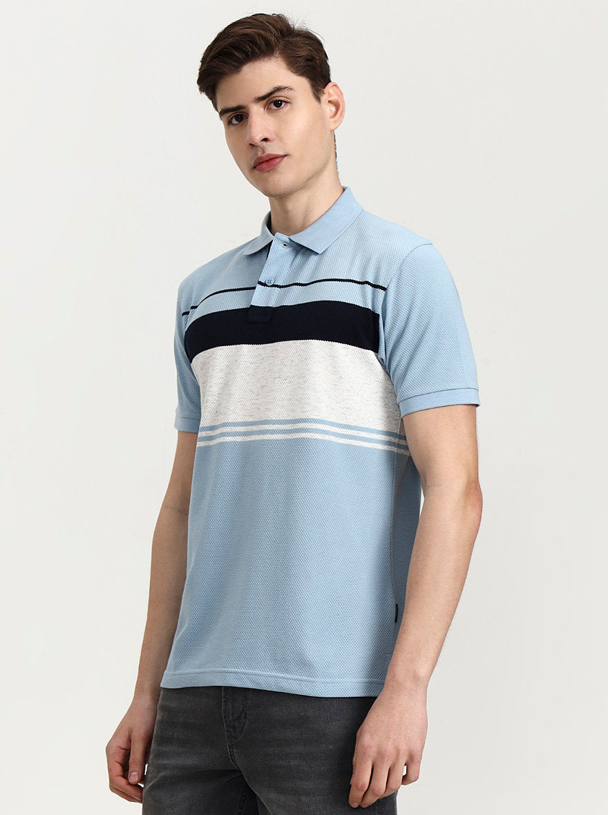 Sky Blue Striped Slim Fit Polo T-Shirt | Greenfibre
