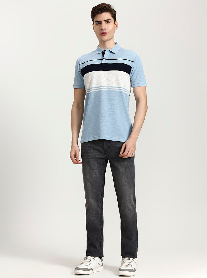 Sky Blue Striped Slim Fit Polo T-Shirt | Greenfibre