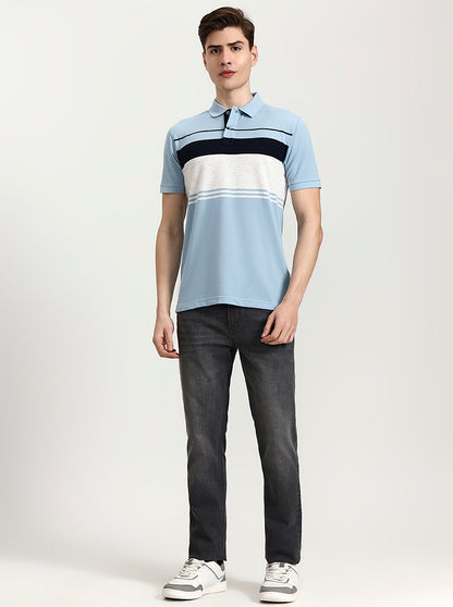Sky Blue Striped Slim Fit Polo T-Shirt | Greenfibre