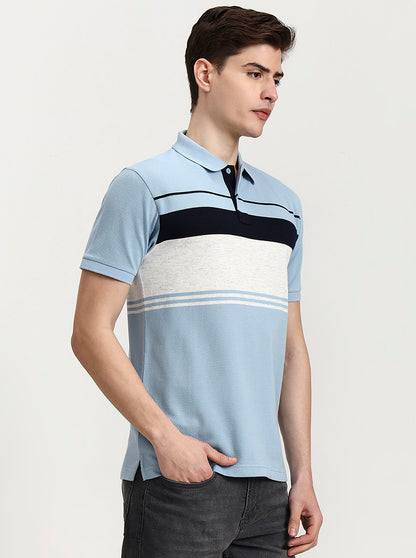 Sky Blue Striped Slim Fit Polo T-Shirt | Greenfibre