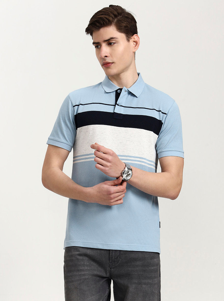 Sky Blue Striped Slim Fit Polo T-Shirt | Greenfibre