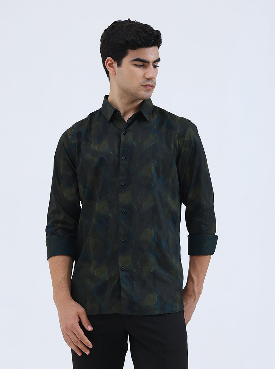 Green Printed Slim Fit Casual Shirt | JadeBlue