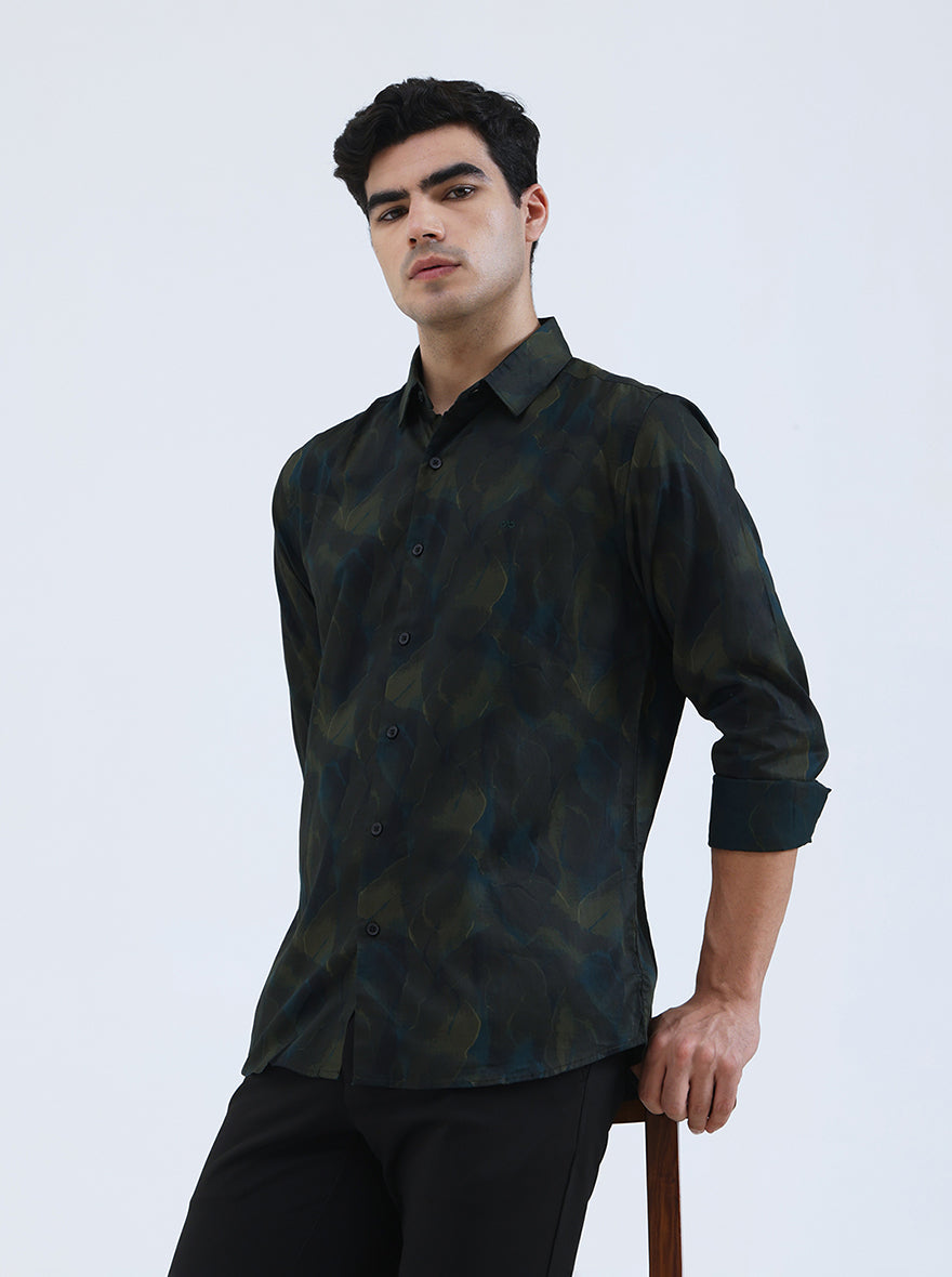 Green Printed Slim Fit Casual Shirt | JadeBlue