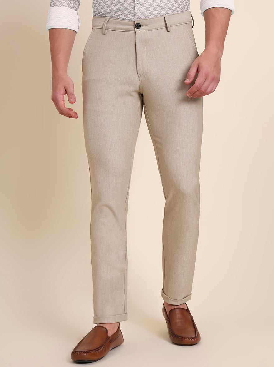 Beige Solid Slim Fit Club Wear Trouser | JB Studio