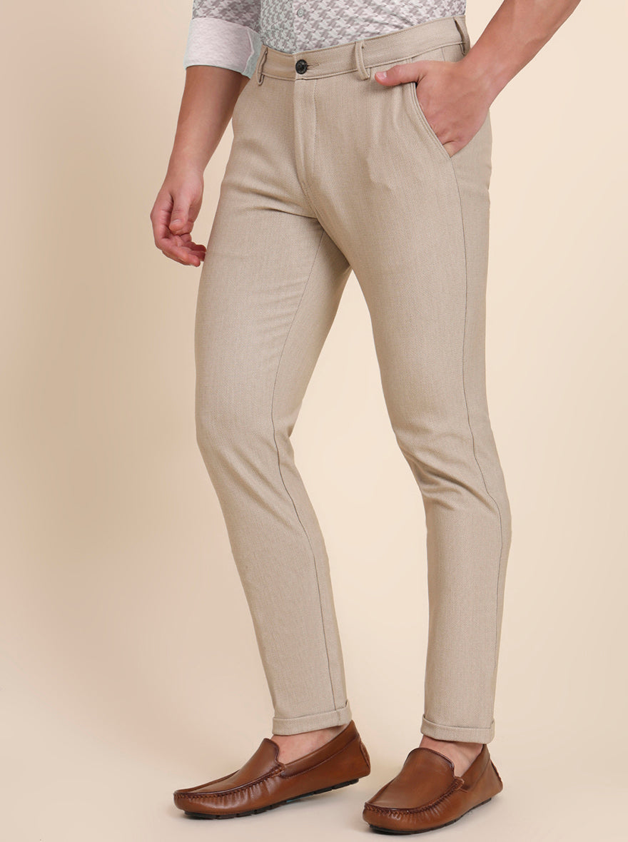 Beige Solid Slim Fit Club Wear Trouser | JB Studio