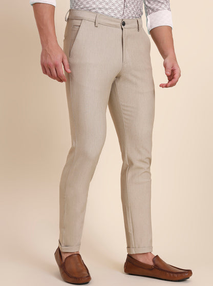 Beige Solid Slim Fit Club Wear Trouser | JB Studio