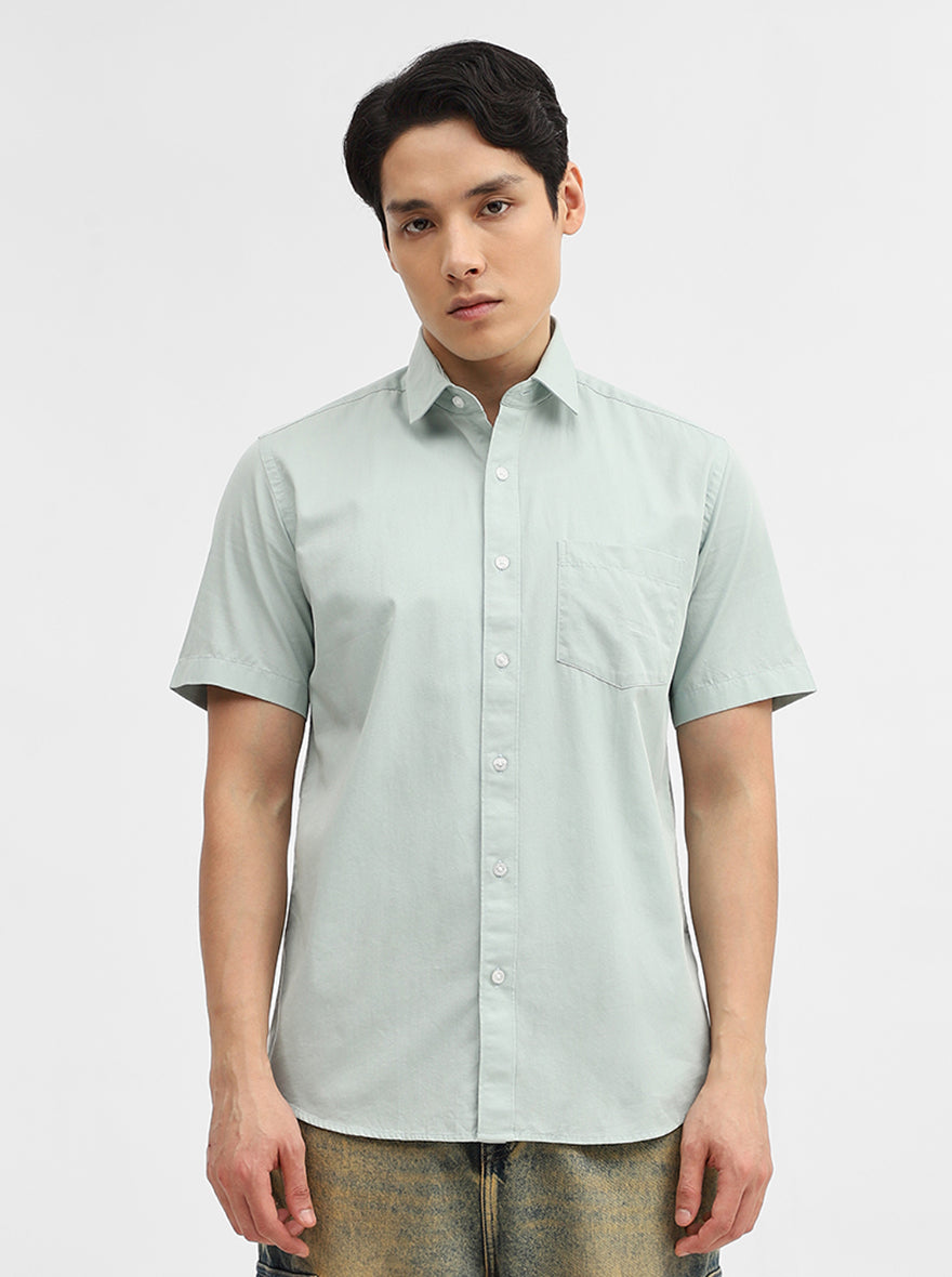 Sky Blue Solid Tailored Fit Semi Casual Shirt | Greenfibre