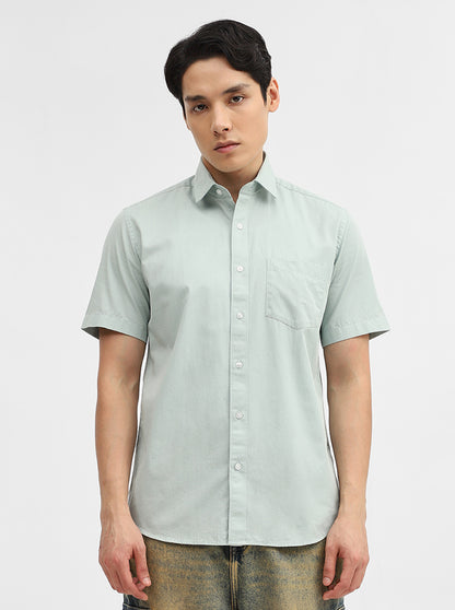 Sky Blue Solid Tailored Fit Semi Casual Shirt | Greenfibre