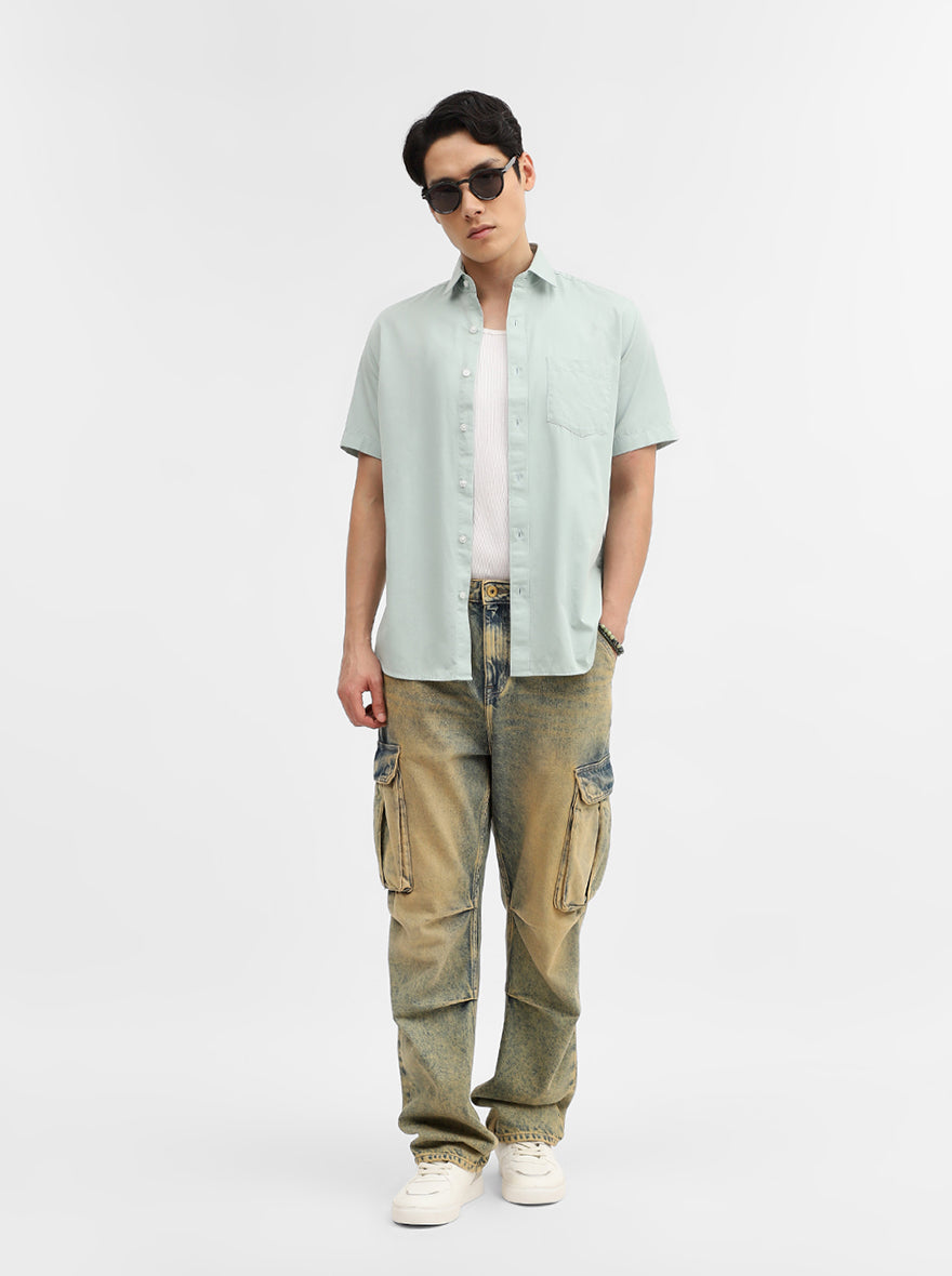 Sky Blue Solid Tailored Fit Semi Casual Shirt | Greenfibre
