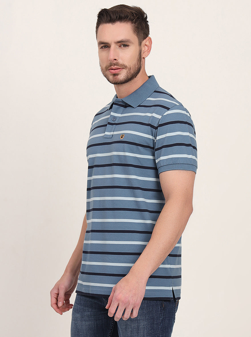 Grey & Navy Blue Striped Slim Fit Polo T-Shirt | JadeBlue