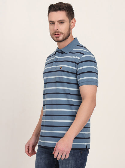 Grey & Navy Blue Striped Slim Fit Polo T-Shirt | JadeBlue