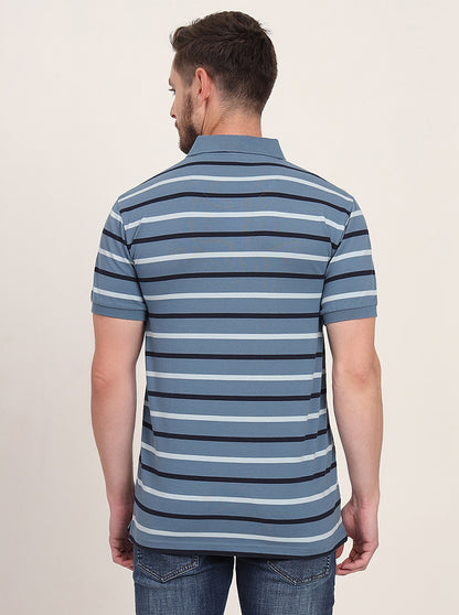 Grey & Navy Blue Striped Slim Fit Polo T-Shirt | JadeBlue