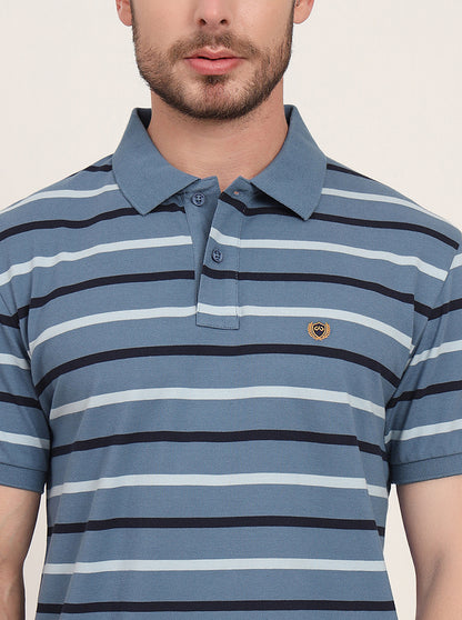 Grey & Navy Blue Striped Slim Fit Polo T-Shirt | JadeBlue